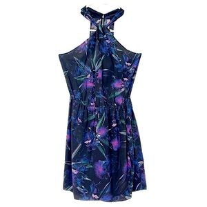 RORY BECA Dark Tropical Floral Print Silk Knot Front Halter Mini Dress